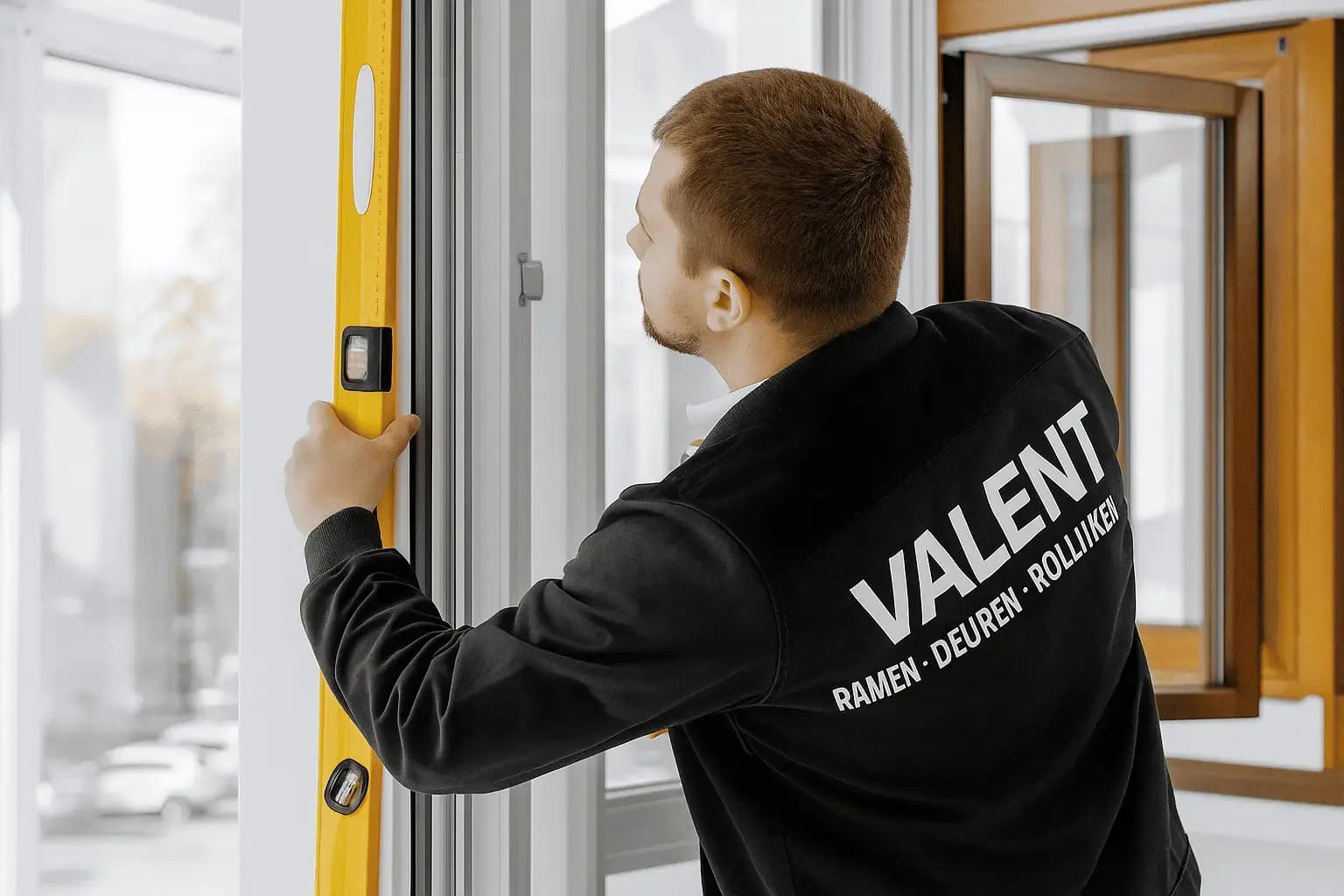 Instalator Valent montând o fereastră
